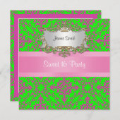 ヴィンテージの一見のピンクのライムのGrnのダマスク織#3の菓子16 Pty 招待状 (正面/裏面)