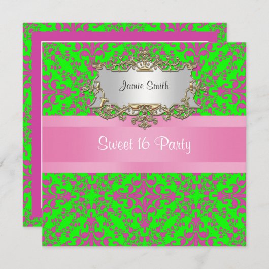 ヴィンテージの一見のピンクのライムのGrnのダマスク織#3の菓子16 Pty 招待状 (正面/裏面)