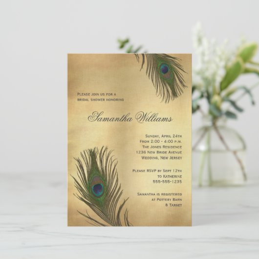 ヴィンテージの一見の孔雀はブライダルシャワーに羽をつけます 招待状 (スタンド正面)