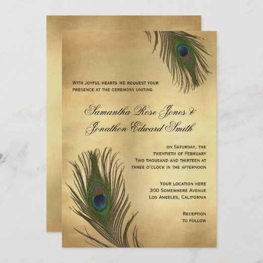 ヴィンテージの一見の孔雀は結婚式招待状に羽をつけます 招待状 (正面/裏面)