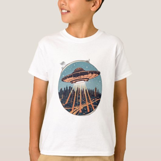 ヴィンテージの上に浮かぶ宇宙船 Tシャツ (正面)