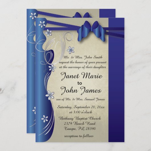 ヴィンテージの上品な曲線のデザイン|のサファイアおよび銀 招待状 (正面/裏面)