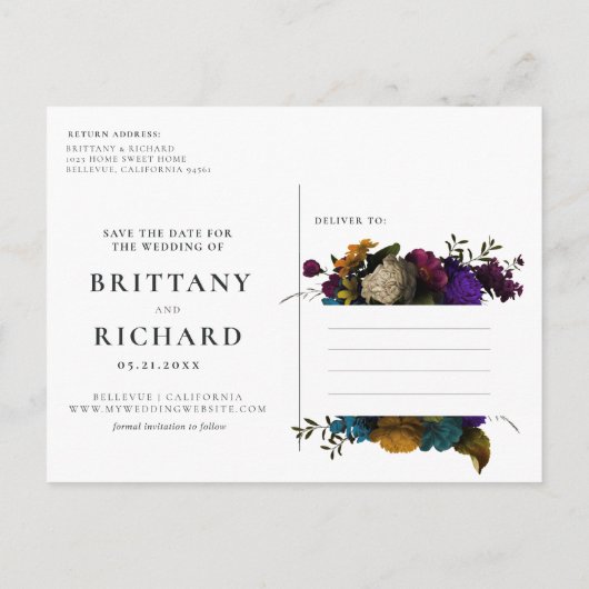 ヴィンテージの不機嫌な花柄の保存日付 案内ポストカード (裏面)