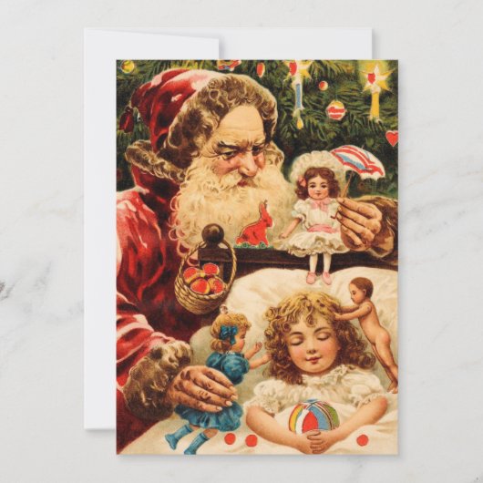 ヴィンテージの不気味なクリスマス・サンタが人形を子どもにかける シーズンカード (正面)