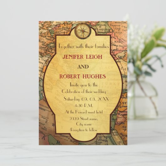 ヴィンテージの世界の旅行をテーマ結婚にした 招待状 (スタンド正面)