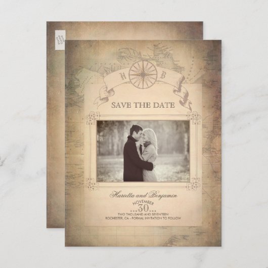 ヴィンテージの世界地図の写真の保存日付 案内ポストカード (正面/裏面)