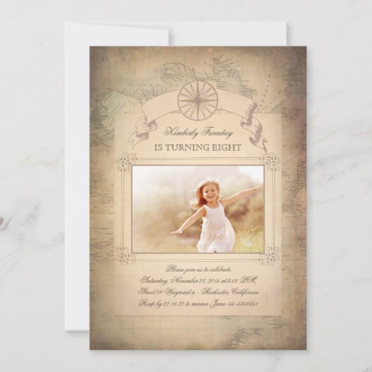 ヴィンテージの世界地図の古い写真の誕生日 招待状 (正面)