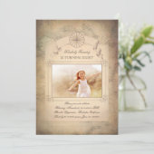 ヴィンテージの世界地図の古い写真の誕生日 招待状 (スタンド正面)