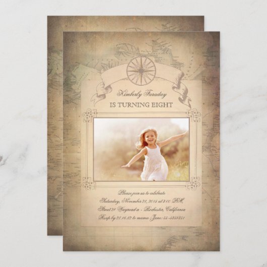 ヴィンテージの世界地図の古い写真の誕生日 招待状 (正面/裏面)