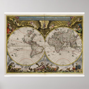 ヴィンテージの世界地図の(1664年の)ポスター ポスター