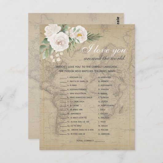 ヴィンテージの世界地図を使った外国語のフレーズ 結婚前のお茶会ゲーム ポストカード (正面/裏面)