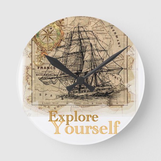 ヴィンテージの世界地図 ラウンド壁時計 (正面)