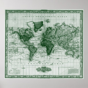 ヴィンテージの世界地図(1833年)白・緑 ポスター