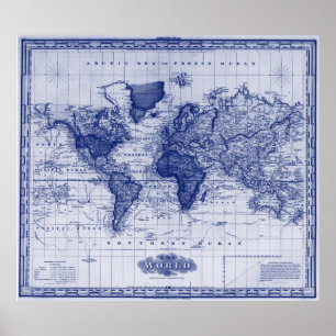 ヴィンテージの世界地図(1833年)白・青 ポスター