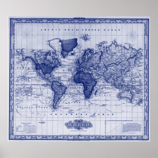 ヴィンテージの世界地図（1833年）白・青 ポスター (正面)