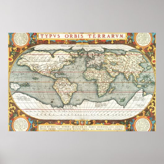 ヴィンテージの世界地図Abraham Ortelius 1587-1595 ポスター (正面)