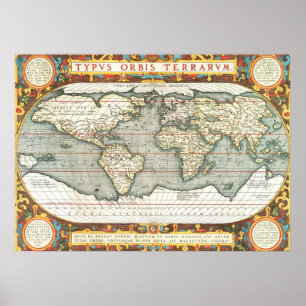 ヴィンテージの世界地図Abraham Ortelius 1587-1595 ポスター