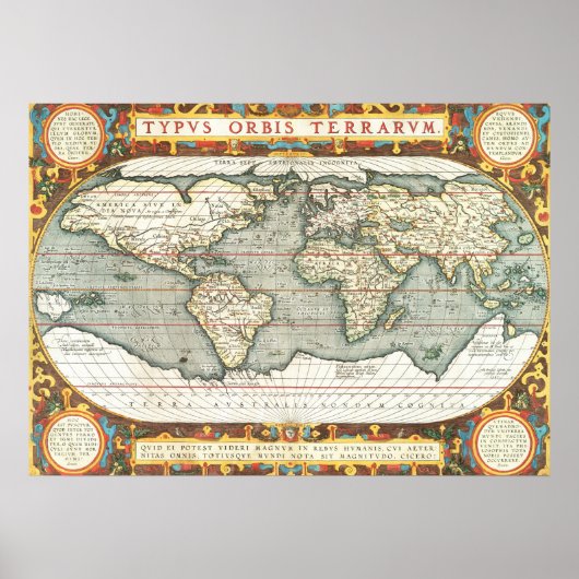 ヴィンテージの世界地図Abraham Ortelius 1587-1595 ポスター (正面)