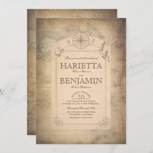 ヴィンテージの世界旅行地図の冒険の結婚式 招待状 (正面/裏面)