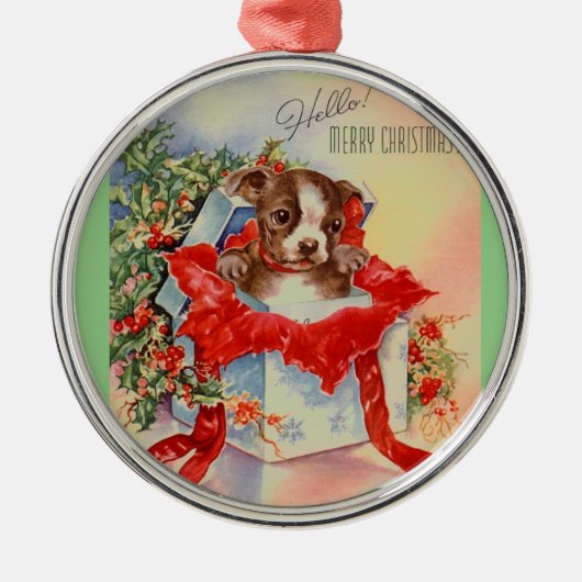 ヴィンテージの世紀半ばの美しいベビーのボストンテリア メタルオーナメント (正面)