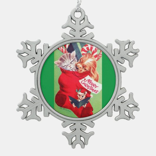 ヴィンテージの世紀半ばの美しいベビーの子犬の子ネコ スノーフレークピューターオーナメント (正面)