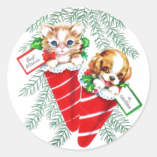 ヴィンテージの世紀半ばの美しいベビーの子犬の子ネコ ラウンドシール (正面)