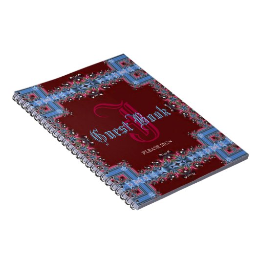 ヴィンテージの中世赤く青くレースのようなモノグラムの来客名簿 ノートブック (右側)