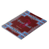 ヴィンテージの中世赤く青くレースのようなモノグラムの来客名簿 ノートブック (左側)