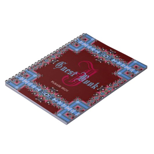 ヴィンテージの中世赤く青くレースのようなモノグラムの来客名簿 ノートブック (左側)