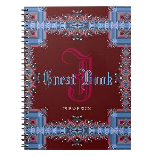 ヴィンテージの中世赤く青くレースのようなモノグラムの来客名簿 ノートブック (正面)
