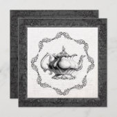 ヴィンテージの中国のティーポットのブライダルシャワーのお茶会 招待状 (正面/裏面)