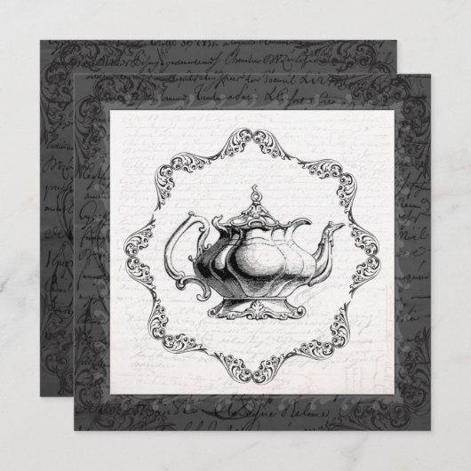 ヴィンテージの中国のティーポットのブライダルシャワーのお茶会 招待状 (正面/裏面)