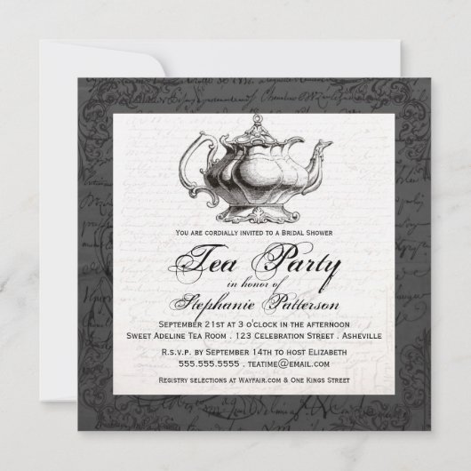 ヴィンテージの中国のティーポットのブライダルシャワーのお茶会 招待状 (裏面)