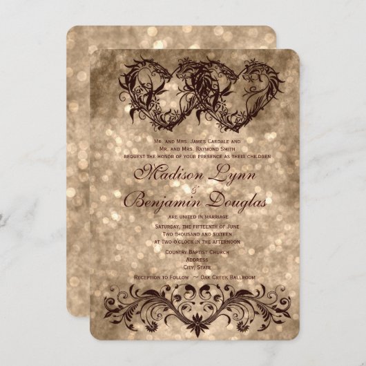 ヴィンテージの二重ハートのシャンペンの結婚式招待状 招待状 (正面/裏面)