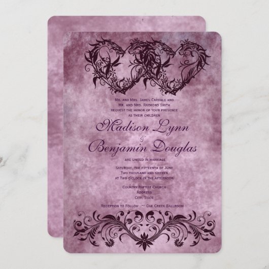 ヴィンテージの二重ハートの紫色の結婚式招待状 招待状 (正面/裏面)