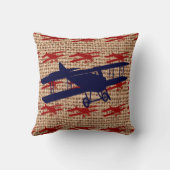 ヴィンテージの二面プロペラ飛行機のバーラッププリント クッション (裏面)