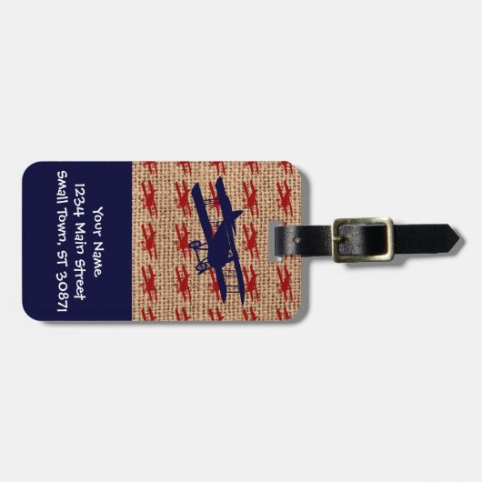 ヴィンテージの二面プロペラ飛行機のバーラッププリント ラゲッジタグ (正面横)