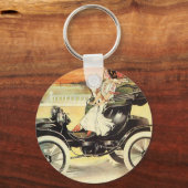 ヴィンテージの交通機関、コンバーチブルカーの女性 キーホルダー (正面)