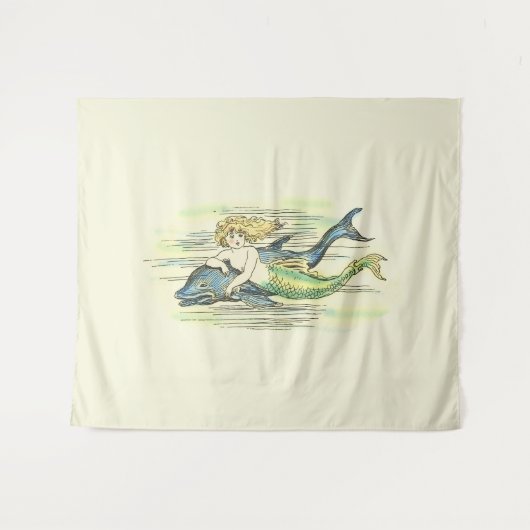 ヴィンテージの人魚がイルカを色付きで泳ぐ タペストリー (正面(横))