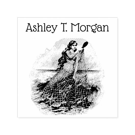 ヴィンテージの人魚が網に捕らえられたヒトデのシェルブルー セルフインキングスタンプ (デザイン)