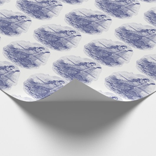 ヴィンテージの人魚が網に捕らえられたヒトデのシェルブルー ラッピングペーパー (角)