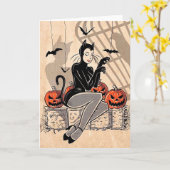 ヴィンテージの仮装のハロウィーンの女性 カード (黄色い花)