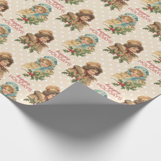 ヴィンテージの休日のクリスマスのヒイラギの女の子の水玉模様 ラッピングペーパー (角)