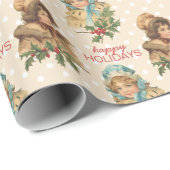 ヴィンテージの休日のクリスマスのヒイラギの女の子の水玉模様 ラッピングペーパー (ロールコーナー)