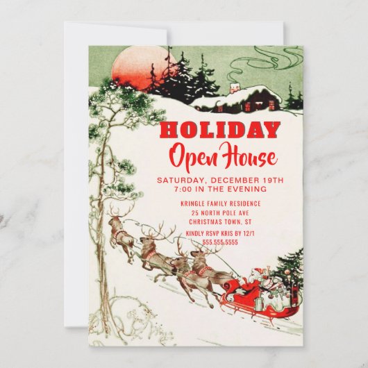 ヴィンテージの休日のサンタのトナカイのオープンハウスのパーティー 招待状 (正面)