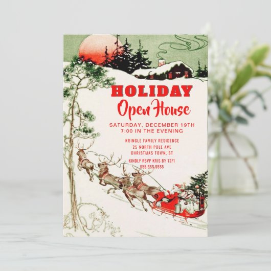 ヴィンテージの休日のサンタのトナカイのオープンハウスのパーティー 招待状 (スタンド正面)