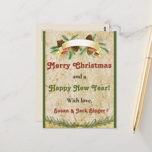 ヴィンテージの休日の挨拶クリスマスと新年 ポストカード (正面/裏面インサイチュ)