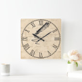 ヴィンテージの作家の羽のクイル スクエア壁時計 (ホーム)