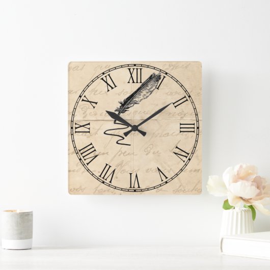 ヴィンテージの作家の羽のクイル スクエア壁時計 (ホーム)