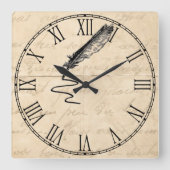 ヴィンテージの作家の羽のクイル スクエア壁時計 (正面)